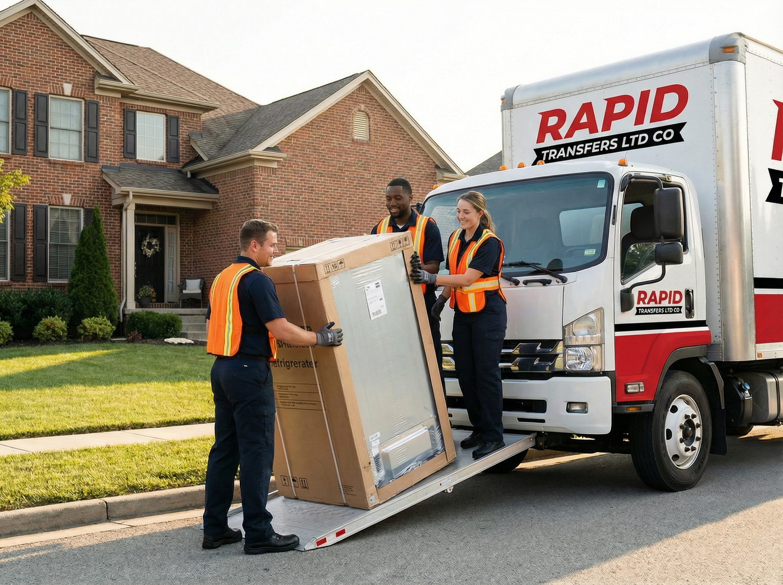 Rapid Transfers delivery team unloading appliance at residential home